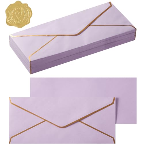 100 Pack #10 Business Envelopes with Gold Stickers, Light Purple | Self Seal Standard Envelopes with Gold Border, 4 1/8 x 9 1/2 Inches, For Office, Checks, Letter Mailing, Invoices - color: Light Purple