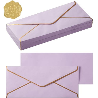 100 Pack #10 Business Envelopes with Gold Stickers, Light Purple - color: Light Purple