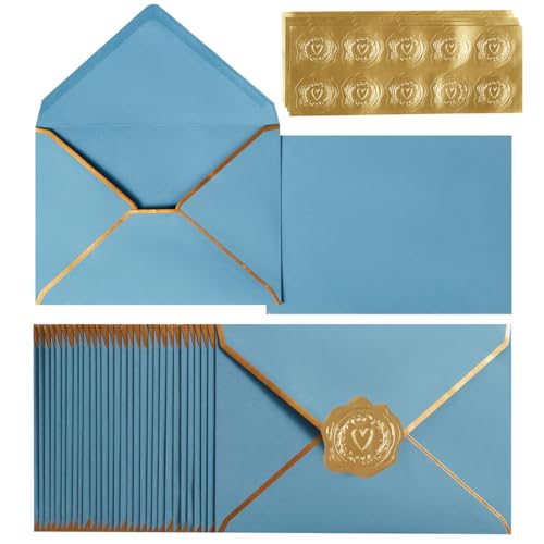 100 Pack A7 Envelopes 5x7 Dusty-Blue Gold Border 5.32x7.28 Inches - color: Dusty-Blue, size: 5.32 x 7.28 Inches