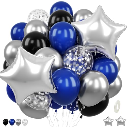 Blue and Black Balloons with Silver Star Foil Balloons for Birthday Party - color: Blue and Sliver, size: 30PC