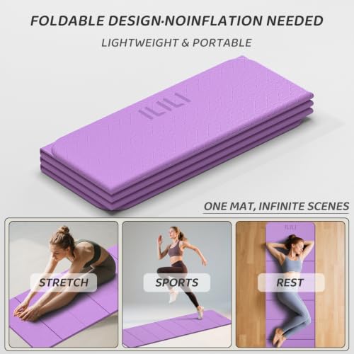 ILILI Foldable Yoga Mat 71 * 24 * 0.3 Inch | Lightweight TPE Non Slip Exercise Mat, Waterproof Portable Fitness Mat for Home Gym, Pilates, Stretching & Daily Workouts - color: Violet