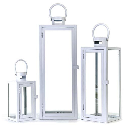 Allgala 3-PC Lantern Set 23 Inch Jumbo Deluxe Modern Indoor/Outdoor Candle Lantern Set White Painted Ironl Frame Tempered Glass Rectangular for Garden Poolside Fireplace Wedding - color: Cuboid White