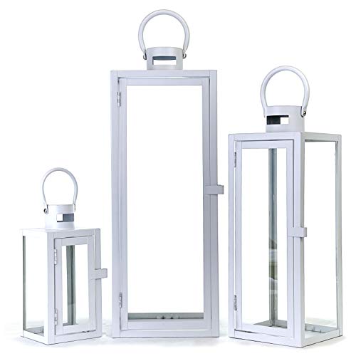 Allgala 3-PC Lantern Set 23 Inch Jumbo Deluxe Modern Indoor/Outdoor Candle Lantern Set White Painted Ironl Frame Tempered Glass Rectangular for Garden Poolside Fireplace Wedding - color: Cuboid White