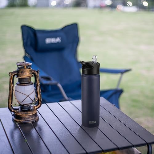 HASLE OUTFITTERS Insulated Water Bottle 22 oz Double Wall Stainless Steel Water Bottle Wide Mouth with Straw Lid & Spout Lid Keeps Cold or Hot(Navy,4) - color: Navy, size: 22oz- 4 Pack