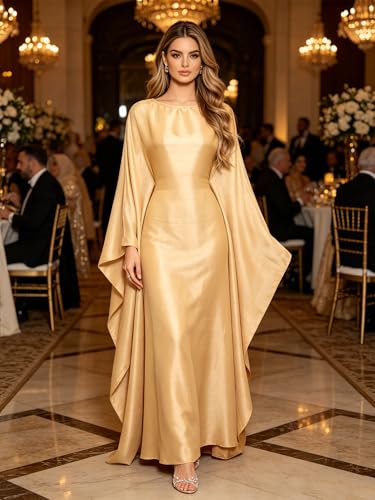 Shinsto Women Satin Prayer Dress Kaftan Robe Musulmane Femme Flashy Gown Luxury Party Wear Nightclub Outfit - color: Yellow, size: 1