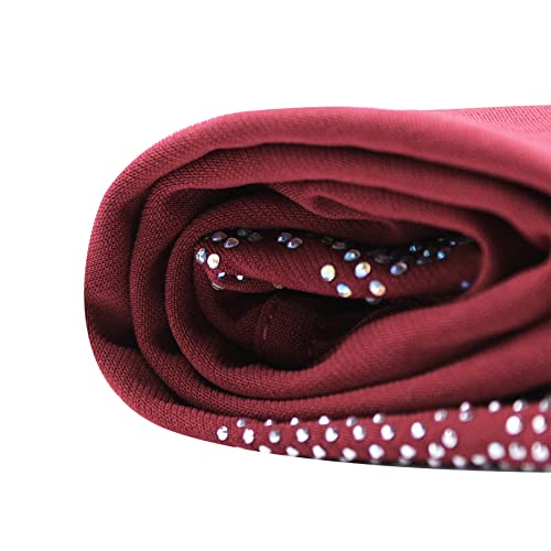 ZGMYC Women Shiny Rhinestones Muslim Hijab Elegant Long Turban Cap Head Wrap Scarf - color: Wine Red