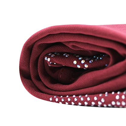 ZGMYC Women Shiny Rhinestones Muslim Hijab Elegant Long Turban Cap Head Wrap Scarf - color: Wine Red