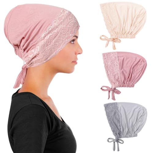 3 Pcs Women Inner Hijab Undercap for Muslim Islamic, Lace Cotton Under Hijab Cap Beanie Underscarf Hat Turban - color: Beige, Pink, Gray