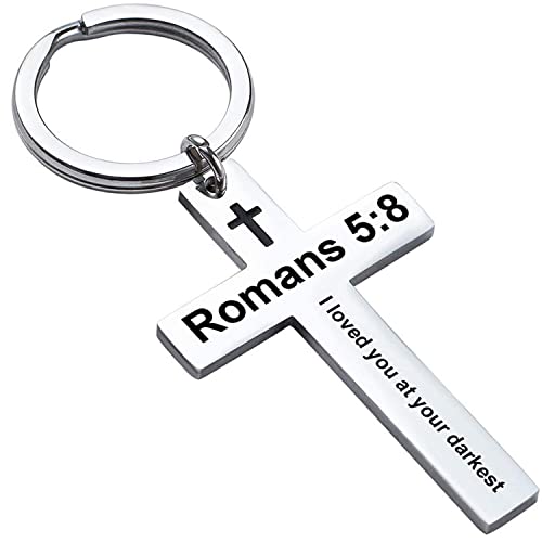 Ldurian Bible Verse Keychain Christian Cross Keychain for Women, Cross Key Chain for Men Religious Scripture - style: Romans 5:8