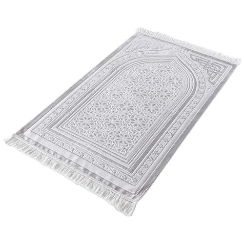 Modefa Luxury Velvet Prayer Rug with Prayer Beads | Soft Elegant Muslim Turkish Janamaz Sajada Carpet for Men and Women | Plain Solid Prayer Mat Ramadan Eid Gift - Najma (White) - color: Najma White