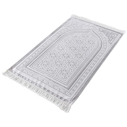 Modefa Luxury Velvet Prayer Rug with Prayer Beads | Soft Elegant Muslim Turkish Janamaz Sajada Carpet for Men and Women | Plain Solid Prayer Mat Ramadan Eid Gift - Najma (White) - color: Najma White