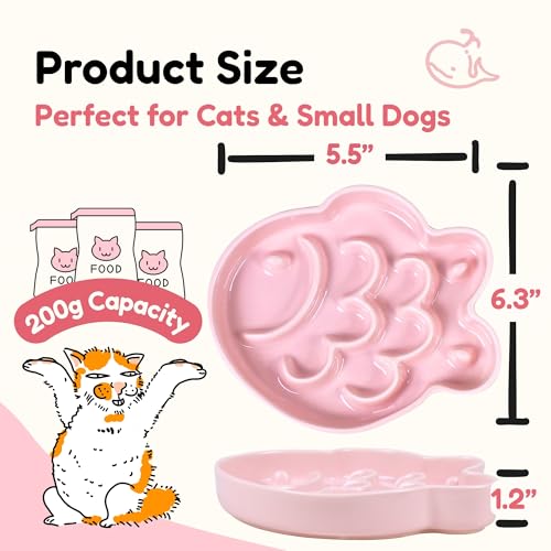2 Pcs Ceramic Cat Slow Feeder Bowl - Shallow Whisker Friendly Cat Plate for Dry and Wet Food - Puzzle Feeder for Slow Eating - Helps Reduce Vomiting - Microwave & Dishwasher Safe-Non Slip(Blue + Pink) - color: Blue + Pink