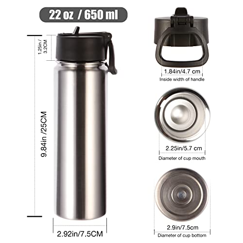Volhoply Insulated Water Bottles with Straw Bulk 4 Pack, 22 oz Stainless Steel Sports Bottle with Handle Lid, Double Walled Vacuum Travel Water Cups with Wide Mouth for School Hiking(Silver,4 Set) - color: Silver