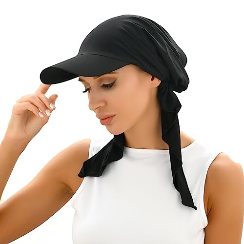 Women Muslim Headscarf Hat Pre Tied Hair Loss Turban Solid Color Chemo Baseball Cap Slouchy Bonnet Head Cover - color: Black-