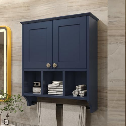 Bathroom Wall Cabinet, Wall Mounted with Towel Bar & 6 Shelves - Over Toilet Storage Organizer, 2-Door Medicine Cabinet, Adjustable Bathroom Shelves(Blue) - color: Blue