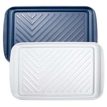 LEHAHA Grilling Prep and Serve Trays, Melamine BBQ Tray for Raw and Cooked Food, Food Serving Platter and plate for Outdoor Party,Large Melamine Serving Platter, Set of 2, 17.2 x 10.5'',Blue and White - color: Blue and White