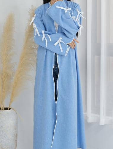 ODIZLI Women's Eid Abaya Dresses Long Sleeve Open Front Pearl Bowknot Prayer Dress Ramadan Cardigan Dubai Kaftan - color: Blue, size: Small