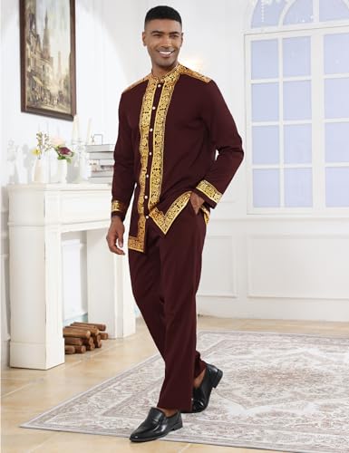 Mens African 2 Piece Set Nigerian Dashiki Metallic Traditional Suit Gold Stamp Printed Shirt and Pants Outfit - color: Wine Red, size: Medium