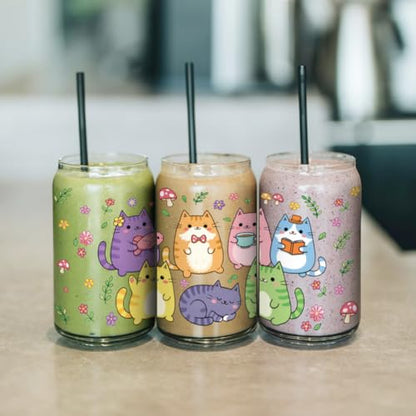 arricraft 10 Sheets Cartoon Cat UV DTF Cup Wrap for 16OZ Glass, Many Cats in Various Poses Paw Print Fish Bone Rub on Decals PVC Transfer Stickers for DIY Cups Window Home Printing Decoration 24x11cm - style: Cartoon Cat Theme