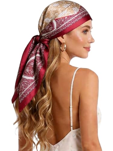 Silk-Feel 35x35 Satin Hair Scarf | Multi-Way Head Wrap for Sleep, Style & Hijab | Gift-Ready Fashion Scarf for Women - color: Red-totem