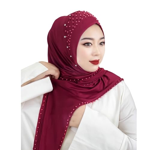 Suillty Women's Pearls Muslim Islam Instant Hijab Scarf Soft Turkish Headwear Jersey Headscarf Shawl Wrap - color: Red