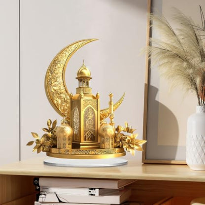 EUBUY Ramadan Decorations Acrylic Mubarak Sign Centerpiece, Golden Crescent Moon Mosque Acrylic Desktop Decoration for Muslims Home Bedroom Decor