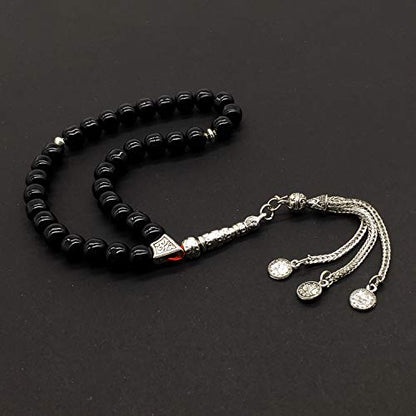 Shiny Black Glass Prayer Beads, Worry Beads, Tesbih, Tasbih, Tasbeeh, Misbaha, Masbaha, Subha, Sebha, Rosary (8 mm 33 Beads) - color: Shiny Black Glass Beads -8 mm 33 Beads-