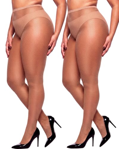 ZINTEDI 2 Pairs Plus Size Black Fishnet Stockings for Women High Waist Fishnet Tights - color: Nude
