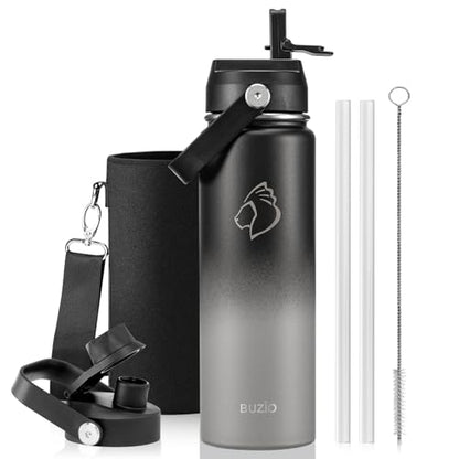 BUZIO 24 oz Water Bottle Insulated, Leakproof Stainless Steel Flask (Cold for 48 Hrs), Wide Mouth BPA-Free Metal Thermo Hydro Canteen with 2 Lids, Shadow - color: Shadow, size: 24 Ounces