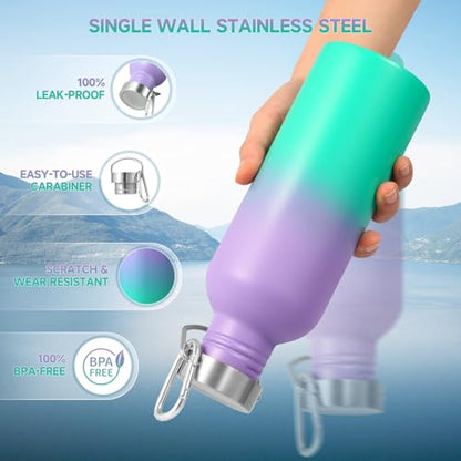 Volhoply 32oz Uninsulated Single Walled Water Bottle, Stainless Steel Sports Water Bottles with Handle, BPA Free Lightweight Water Bottles for Hiking, Biking, Running（Purple Green,1） - color: Purple Green