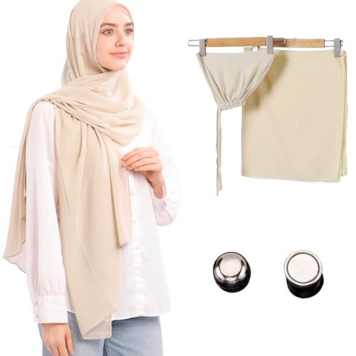 Jonglroy Muslim Chiffon Hijab magnets Head Scarf with Matching Tie Back Jersey Undercap - color: Beige