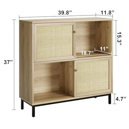 IDEALHOUSE Coffee Bar Cabinet, Rattan Buffet Cabinet with Storage, Wood Sideboard Cabinet with Sliding Door, Accent Cabinet for Kitchen, Dining Room, Living Room, Entryway, Natural Oak - color: Natural Oak…