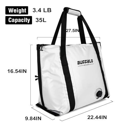 Buffalo Gear Insulated Fish Cooler - 27.5QT 58QT Waterproof Flat Bottom Bag, Leakproof and Fishing Kill Bag - color: White-37QT