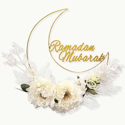 Ramadan Mubarak Wreath,Ramadan Decorations for Home Front Door,Moon Shaped Metal Hoop Floral Hanging Garland for Wall Window Indoors Outdoor Farmhouse Decor - color: Moon Wreath