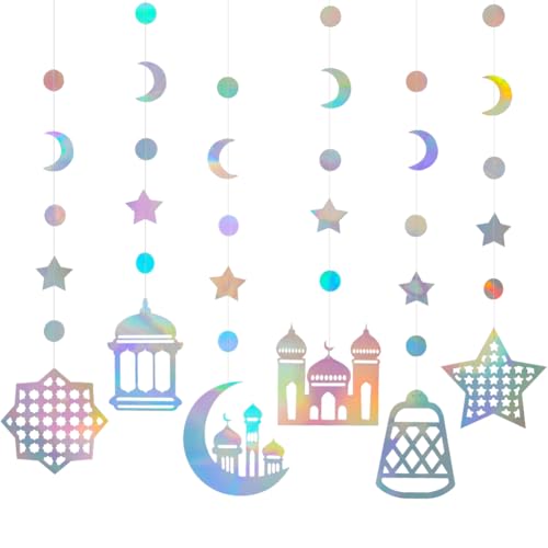 Iridescent Ramadan Decorations for Home, 6 Pcs Star Moon Mosques Garland Islamic Hanging Streamers Backdrop Holographic Eid Mubarak Banner for Birthday Wedding Night Party Supplies