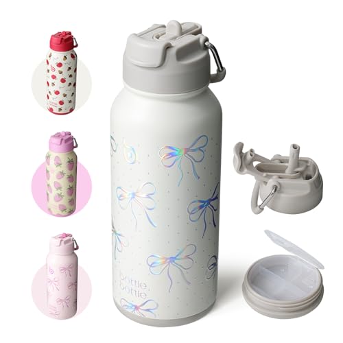BOTTLE BOTTLE 32oz Insulated Water Bottle with Pill Box | Stainless Steel,Sport Water Bottle, with Straw Dual-use Lid and Pill Box, Design for Gym - color: bling bow