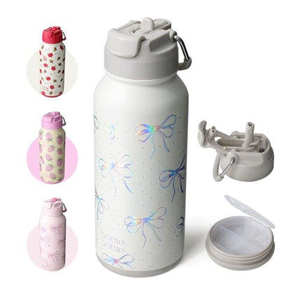 BOTTLE BOTTLE 32oz Insulated Water Bottle with Pill Box | Stainless Steel,Sport Water Bottle, with Straw Dual-use Lid and Pill Box, Design for Gym - color: bling bow