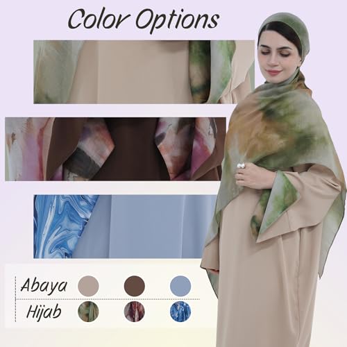 Printing Long Sleeve Abaya with Zipper for Women Dubai and Turkey Robe Spring and Summer Loose and Causual Dress - color: Khaki+hijab, size: Medium