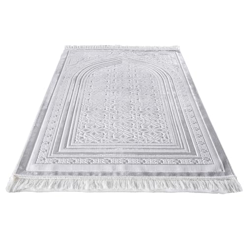 Modefa Luxury Velvet Prayer Rug with Prayer Beads | Soft Elegant Muslim Turkish Janamaz Sajada Carpet for Men and Women | Plain Solid Prayer Mat Ramadan Eid Gift - Najma (White) - color: Najma White