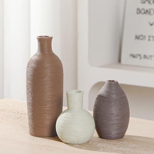 Ceramic Vases Set of 3 Modern Rustic Farmhouse Home Decor | Pottery Decorative Flower Vases for Pampas Grass Dried Fresh Flowers, Living Room, Table Centerpiece, Shelf, Mantel