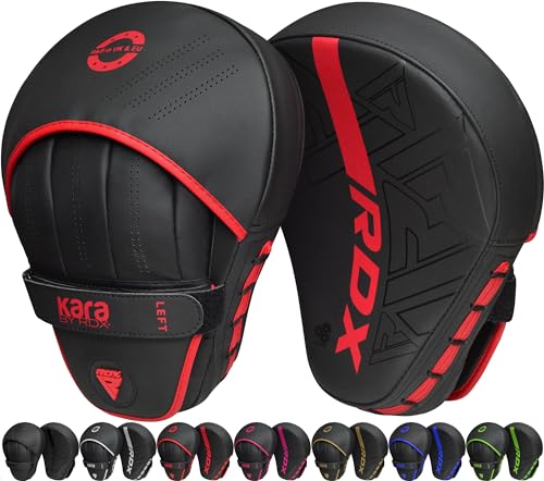RDX Boxing Pads Curved Focus Mitts, Maya Hide Leather Kara Hook and jab Training Pads, Adjustable Strap Ventilated, MMA Muay Thai Kickboxing Coaching Martial Arts Punching Hand Target Strike Shield - color: Red
