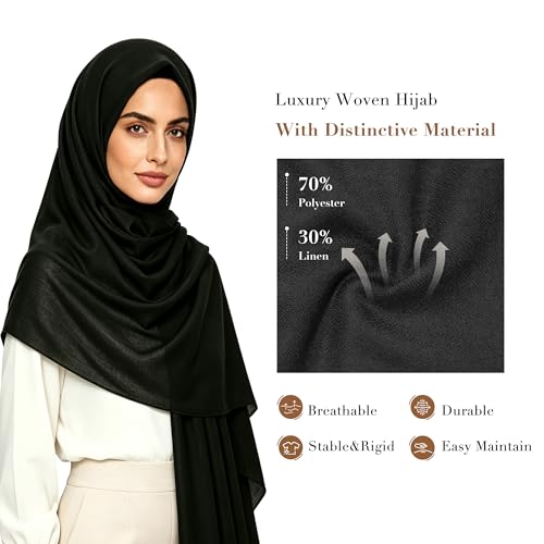 Black Muslim Hijab for Women, 70% Polyester 30% Linen Headscarf, 72.83" x 31.5" Breathable Modest Shawl Wrap for Daily Ramadan