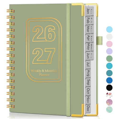 Planner 2026-2027, 18 Months Weekly and Monthly Hardcover Planner, January 2026 - June 2027, 5.75" x 8.38" A5 Daily Calendar Planner Book with Tabs, Spiral Yearly Agenda Organizer Notebook for School Work Home, Green - color: Green, size: A5 (Jan 2026 - J