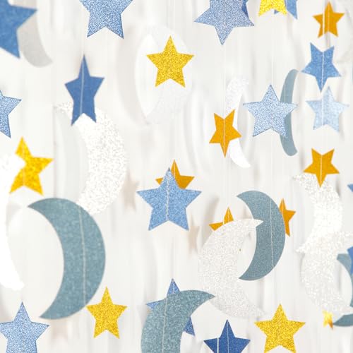 Blue-Gold Silver Party-Decorations Moon-Star Garland - 62Ft Twinkle Little Star Hanging Streamers Banner,Eid Ramadan Mubarak Decoration Birthday Wedding Baby Shower Decor Panduola - color: Gold Silver Blue
