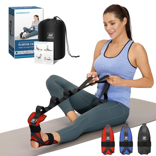 comness Foot and Calf Stretcher-Stretching Strap For Plantar Fasciitis, Heel Spurs, Foot Drop, Achilles Tendonitis & Hamstring. Yoga Foot & Leg Stretch Strap. (Red) - color: Red