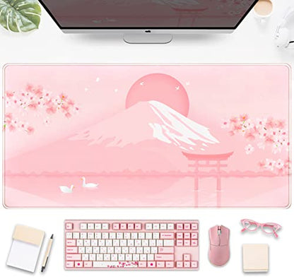 Cherry Blossom Mouse Pad Kawaii Pink Floral Desk Mat, Japanese Pastel Sakura Large Anime Gaming Mousepad XXL, Cute Aesthetic Mount Fuji Japan Keyboard Mats for Women Office Desk Pads 31.5"x15.75" - color: Pink Cherry Blossom