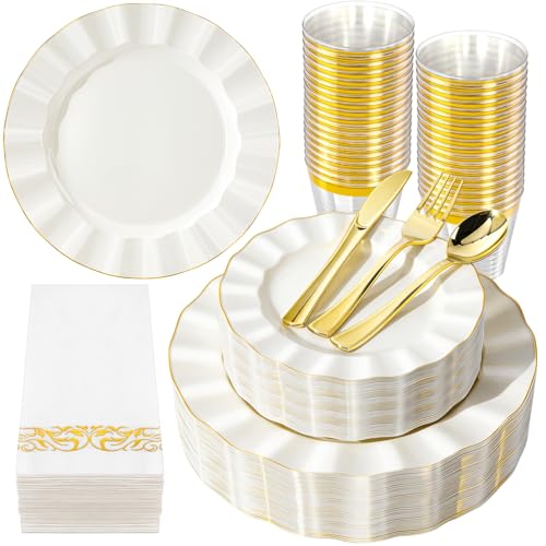 175PCS Ivory Plastic Dinnerware Set, Wavy Plates for 25 Guests - color: Ivory White