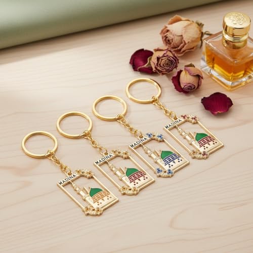 4pcs of Set Muslim Islamic Mosque Keychain,Ramadan decor Religious Bag Purse Charm 18K Gold Plated Key Ring Chain Accessories Gifts For Car,Backpacks
