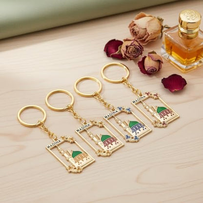 4pcs of Set Muslim Islamic Mosque Keychain,Ramadan decor Religious Bag Purse Charm 18K Gold Plated Key Ring Chain Accessories Gifts For Car,Backpacks