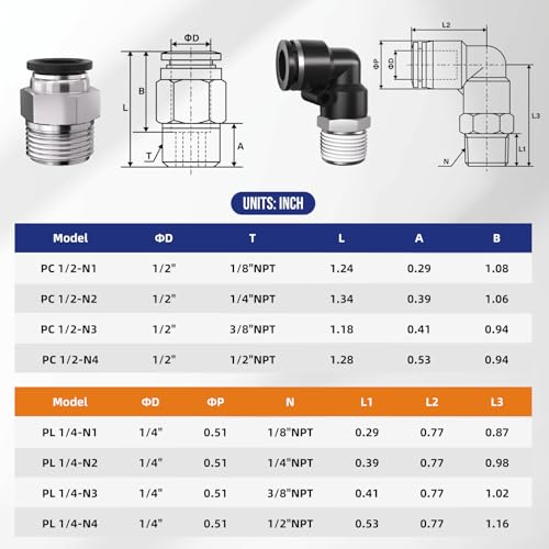 3/8 Push to Connect Fittings npt Thread to 1/2 Air Line quick | Pneumatic Tubing Hose 1/2 OD Tube to 3/8 npt, Male Elbow 90 Degree Straight Coupler - size: 1/2"OD x 3/8"NPT